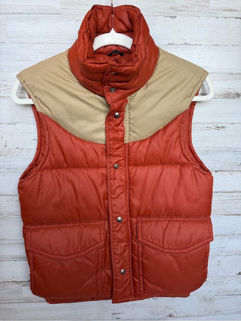 Women’s vintage Rust Orange Puffer Vest with Tan Yoke